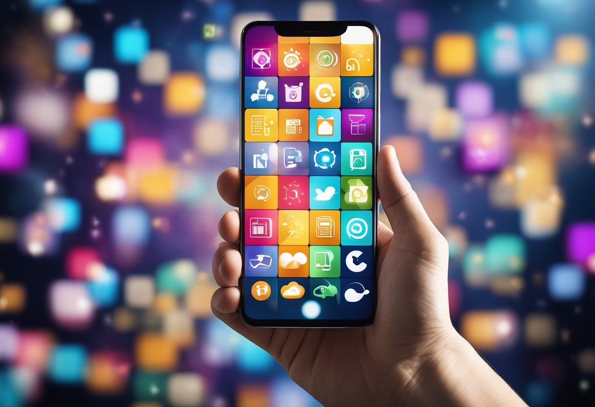 A smartphone screen displaying colorful entertainment app icons with a futuristic background