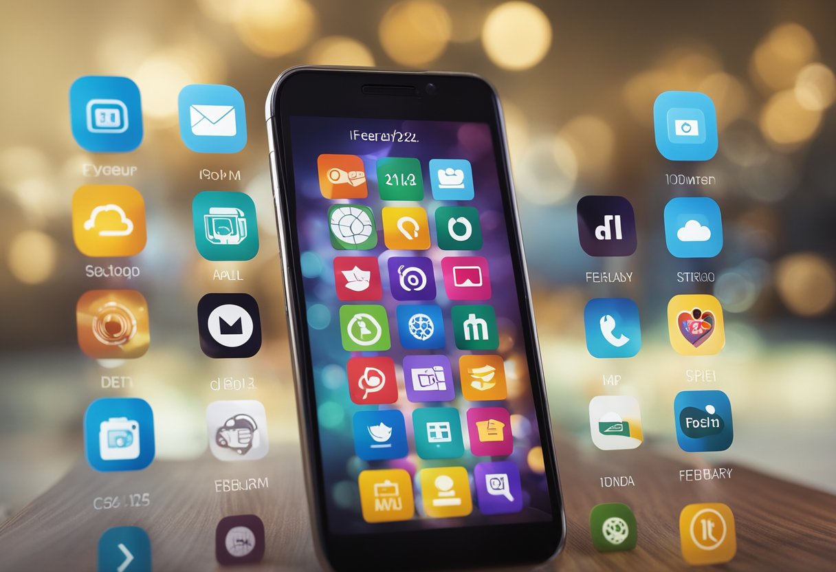 A smartphone surrounded by various app icons, with the date "February 2024" displayed prominently on the screen