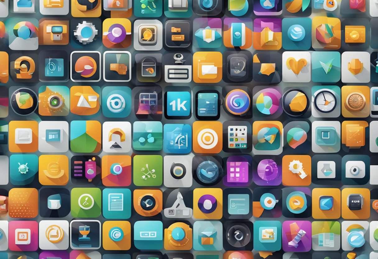 Various Android app icons arranged in a grid, with futuristic designs and vibrant colors. A smartphone screen displays a sleek user interface with cutting-edge features